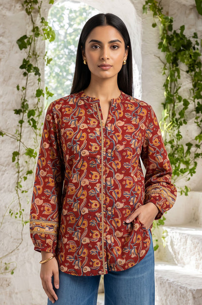 Maroon Kalamkari Printed Mirror Work Pure Cotton Straight Top