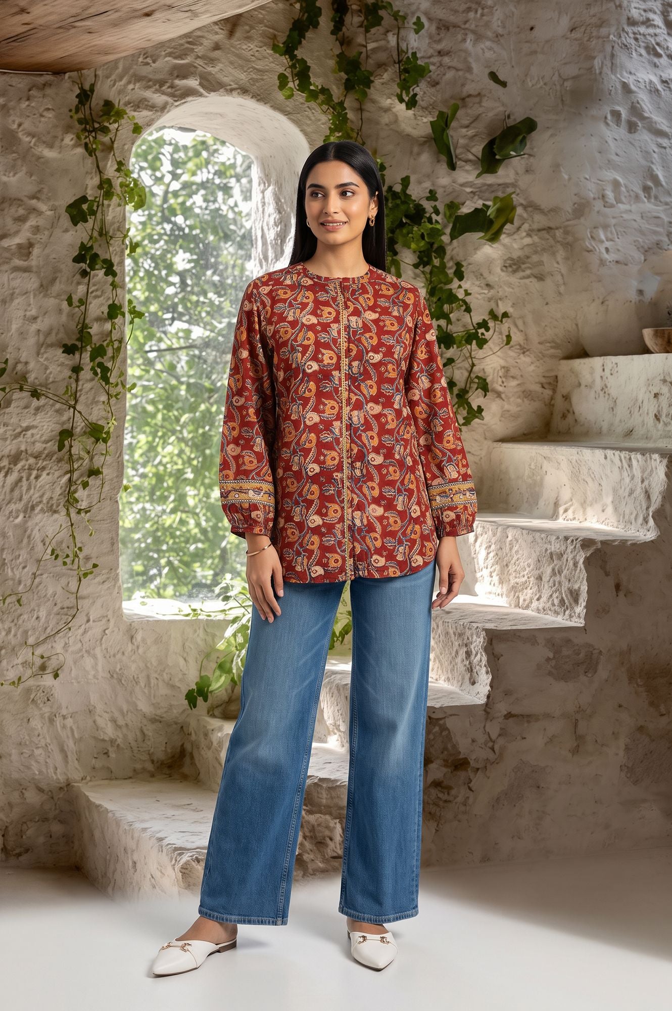 Maroon Kalamkari Printed Mirror Work Pure Cotton Straight Top