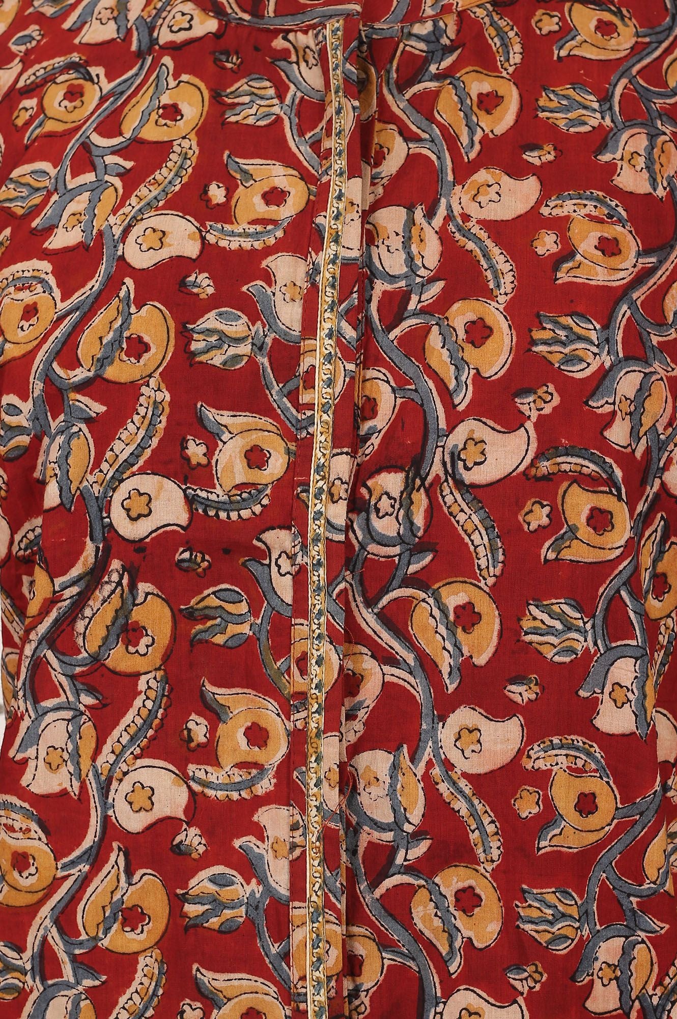 Maroon Kalamkari Printed Mirror Work Pure Cotton Straight Top
