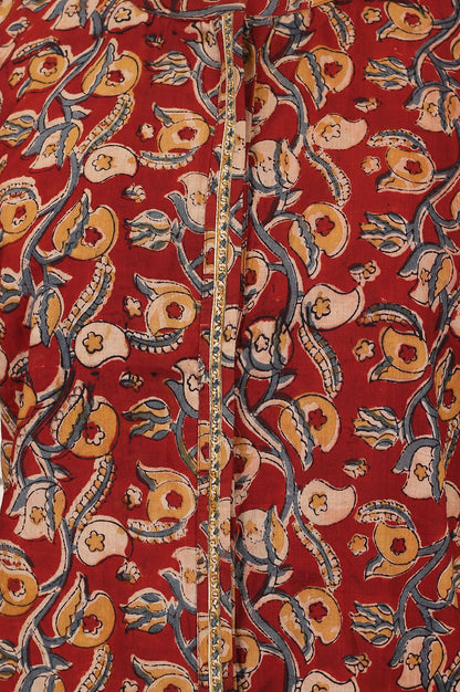 Maroon Kalamkari Printed Mirror Work Pure Cotton Straight Top
