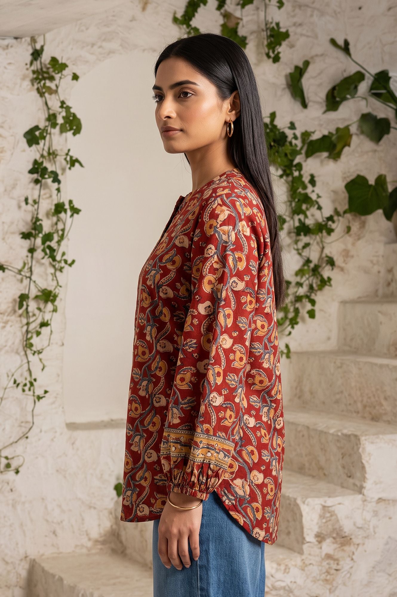 Maroon Kalamkari Printed Mirror Work Pure Cotton Straight Top