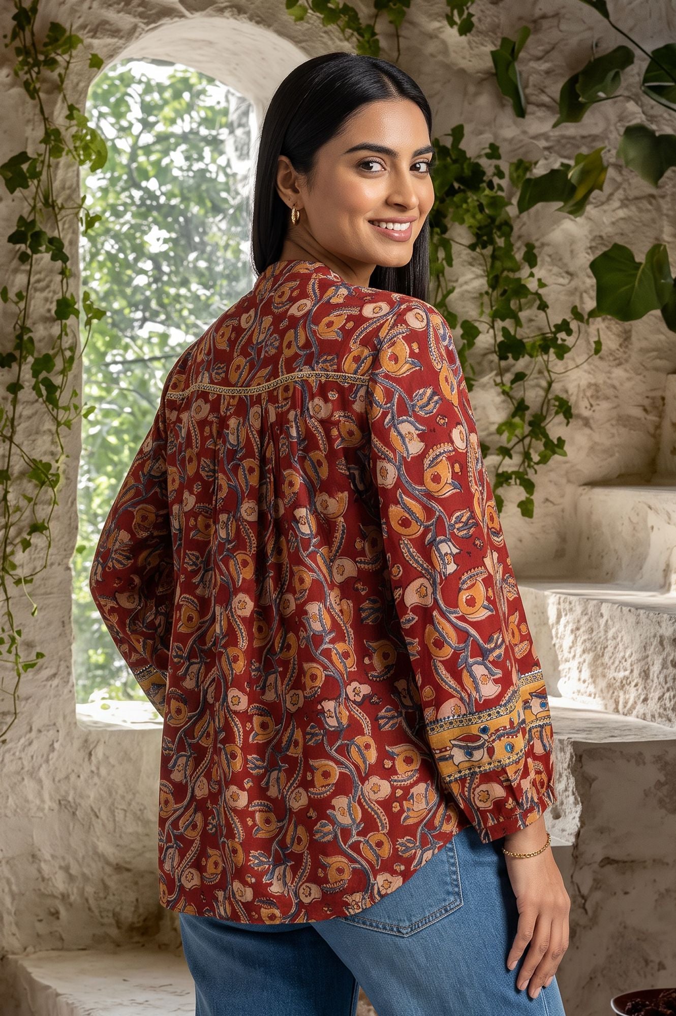 Maroon Kalamkari Printed Mirror Work Pure Cotton Straight Top