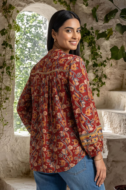 Maroon Kalamkari Printed Mirror Work Pure Cotton Straight Top