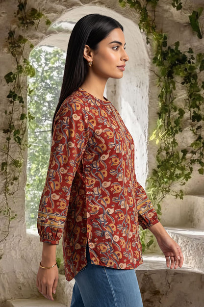 Maroon Kalamkari Printed Mirror Work Pure Cotton Straight Top