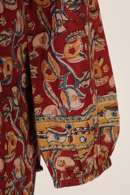 Maroon Kalamkari Printed Mirror Work Pure Cotton Straight Top