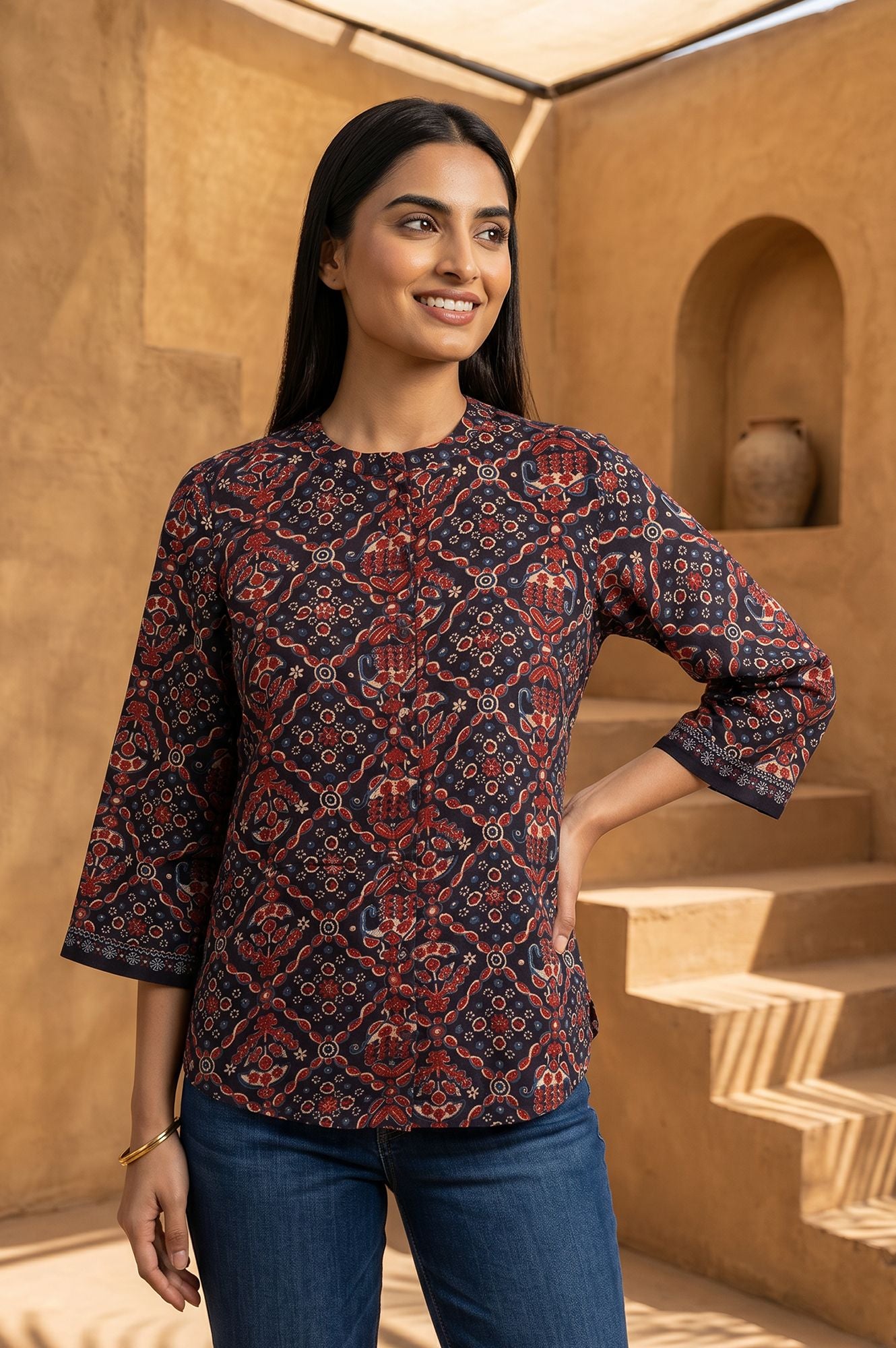 Brown Ajrak Printed Embroidered Satin Straight Top