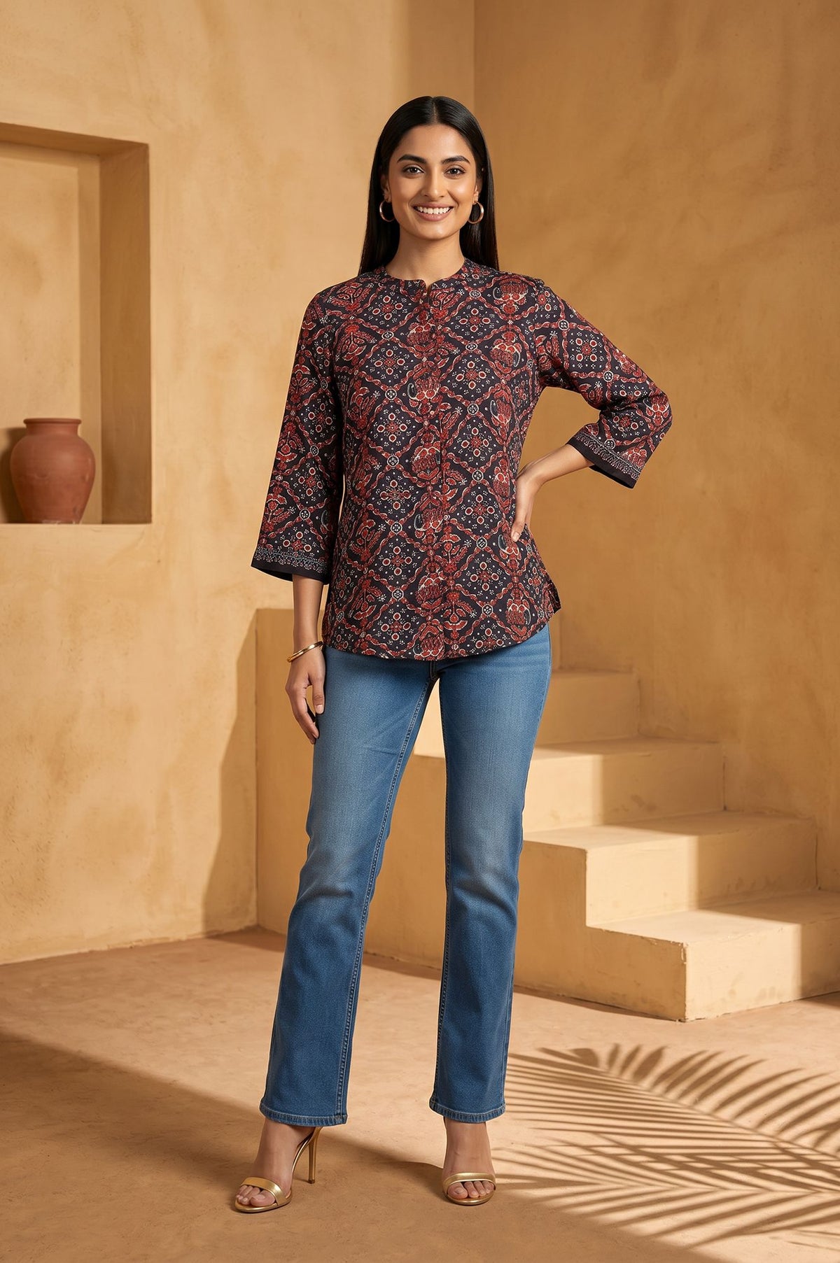 Brown Ajrak Printed Embroidered Satin Straight Top