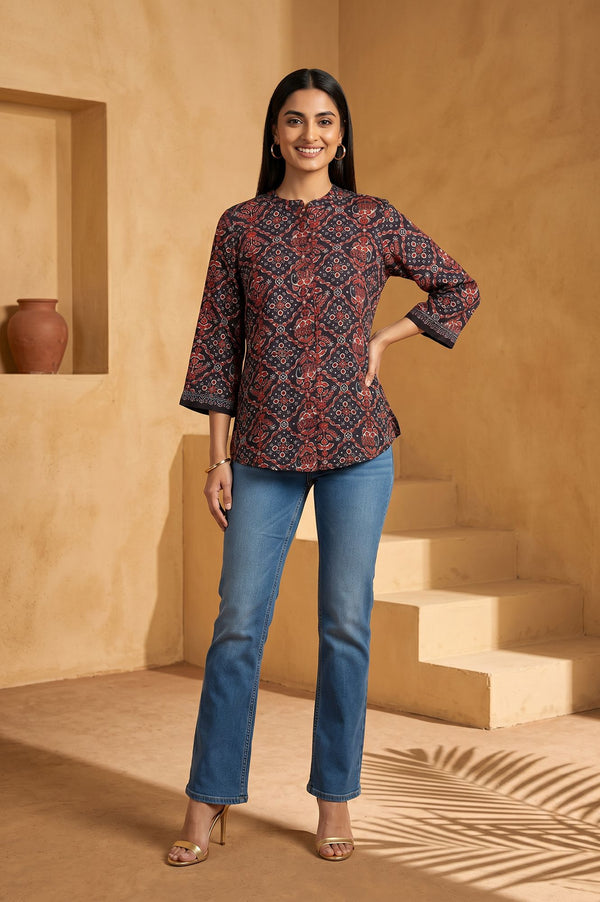 Brown Ajrak Printed Embroidered Satin Straight Top