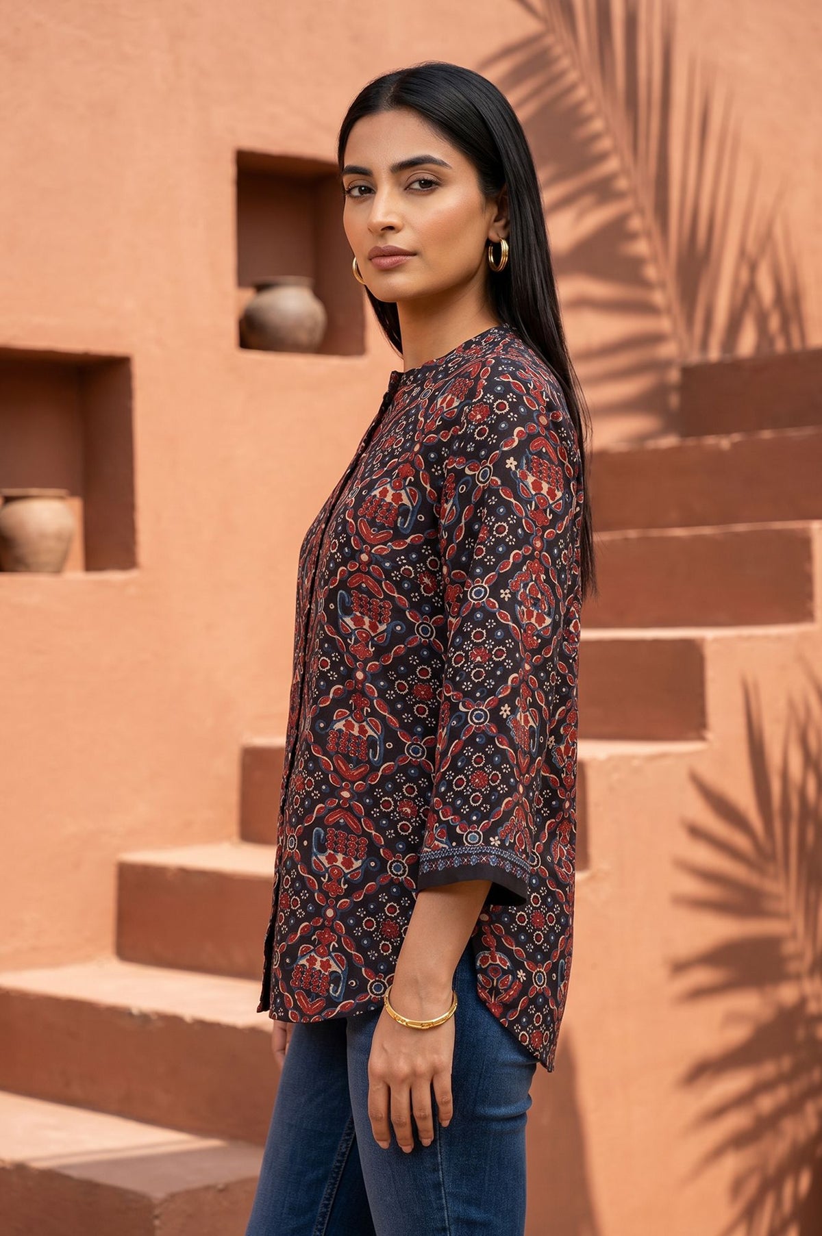 Brown Ajrak Printed Embroidered Satin Straight Top