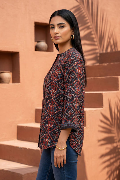 Brown Ajrak Printed Embroidered Satin Straight Top