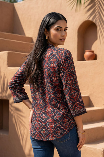 Brown Ajrak Printed Embroidered Satin Straight Top