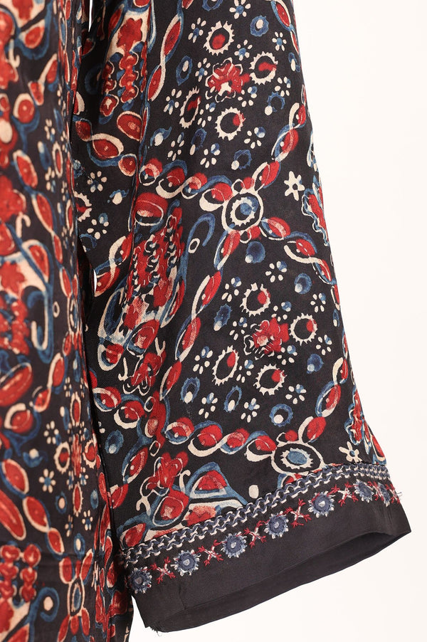 Brown Ajrak Printed Embroidered Satin Straight Top