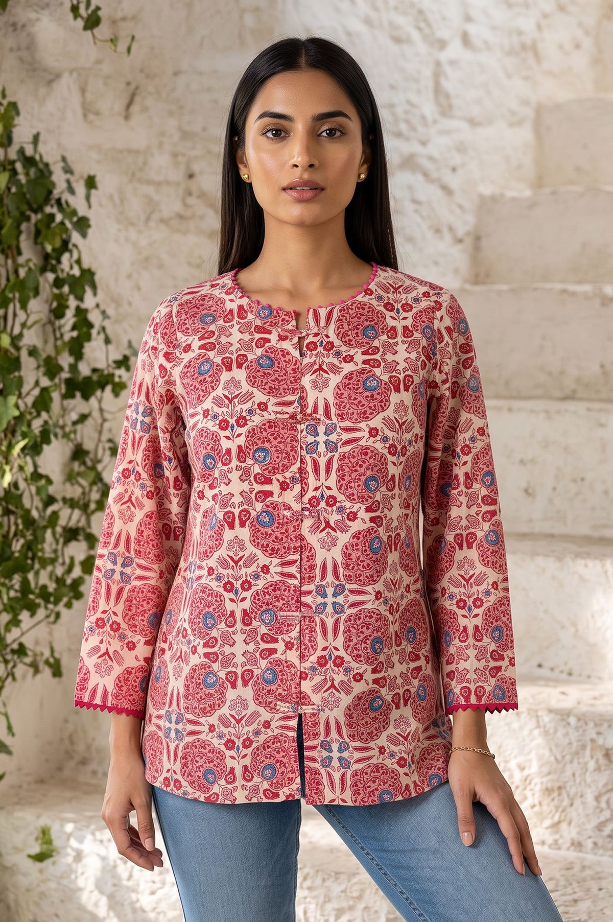 Pink Floral Printed Pure Cotton Straight Top - XS
