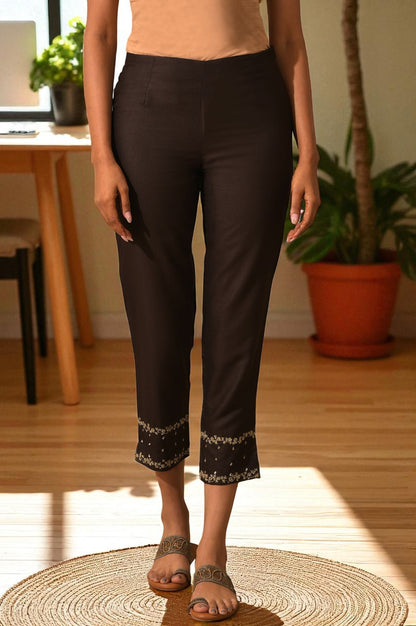 Brown Embroidered Viscose Silk Tussar Slim Pants