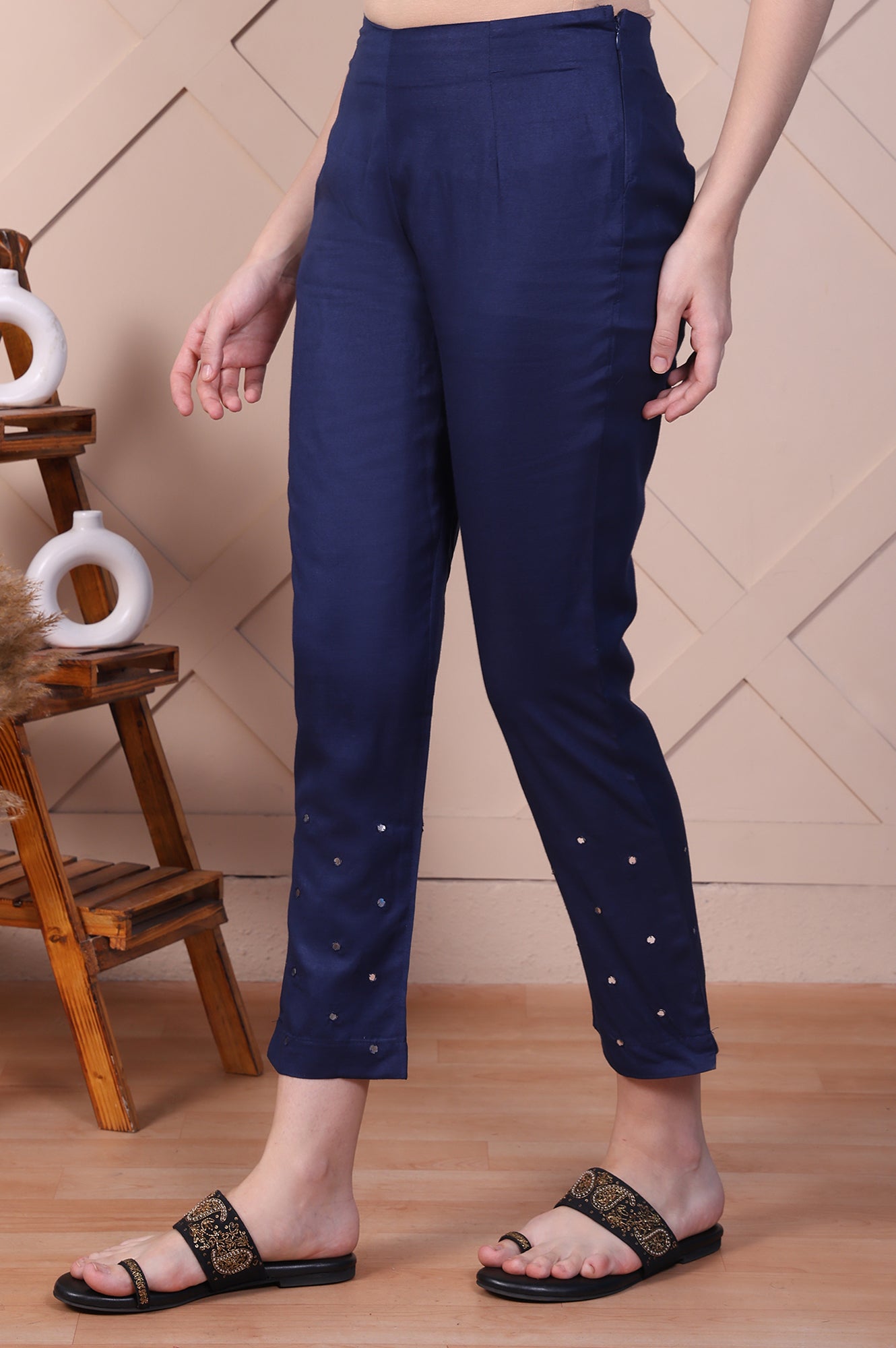 Indigo Blue Mirror Work Tussar Silk Slim Pants