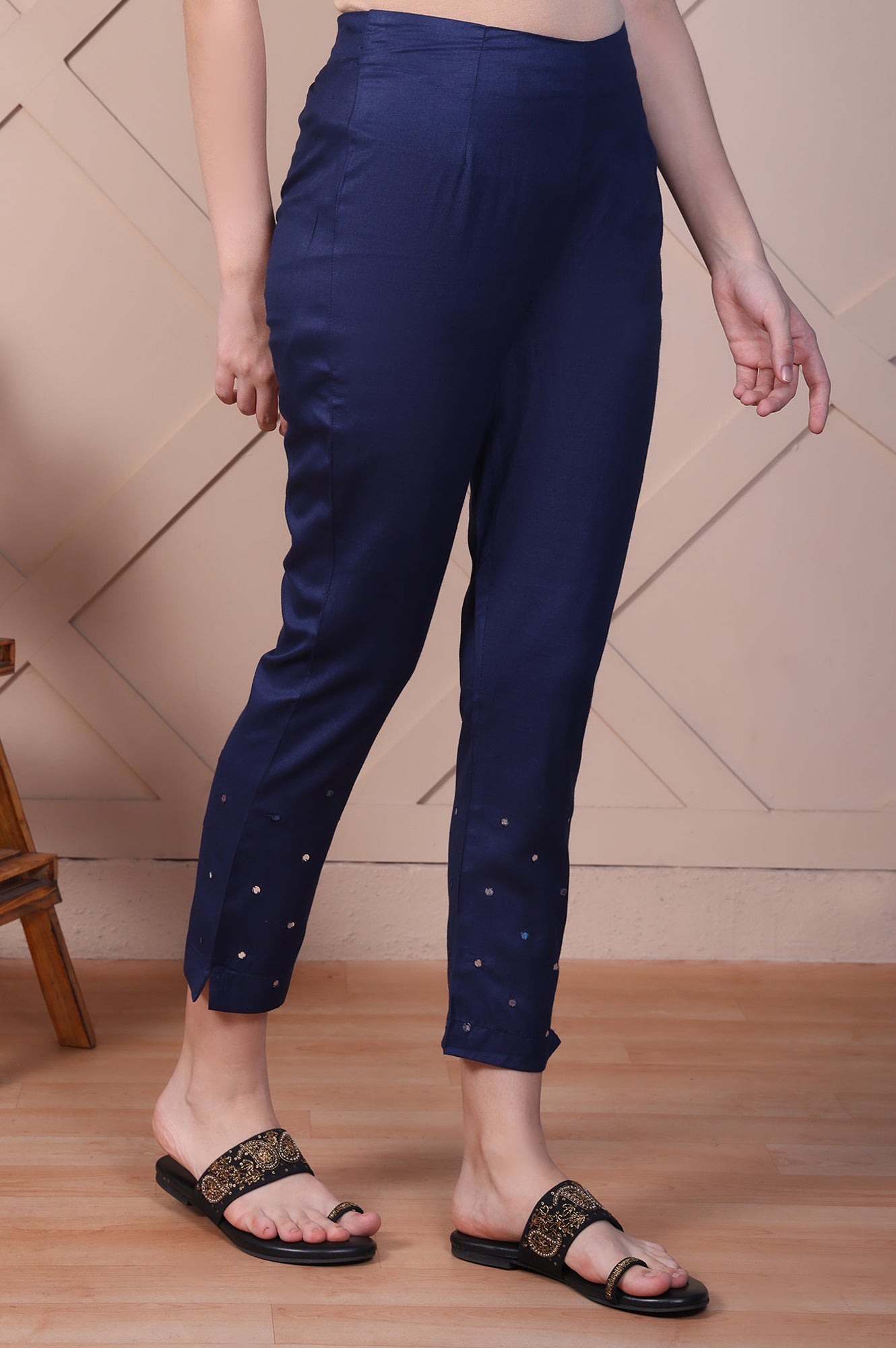 Indigo Blue Mirror Work Tussar Silk Slim Pants