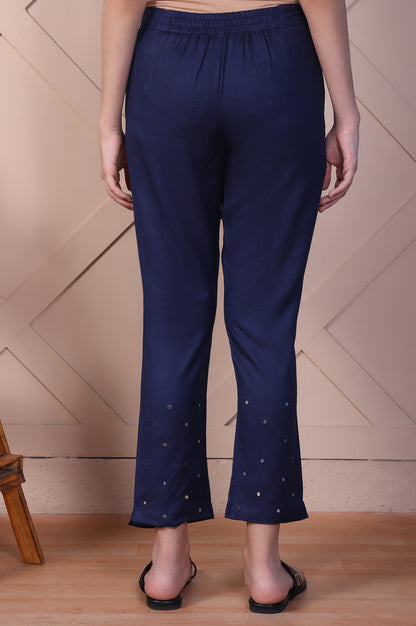 Indigo Blue Mirror Work Tussar Silk Slim Pants