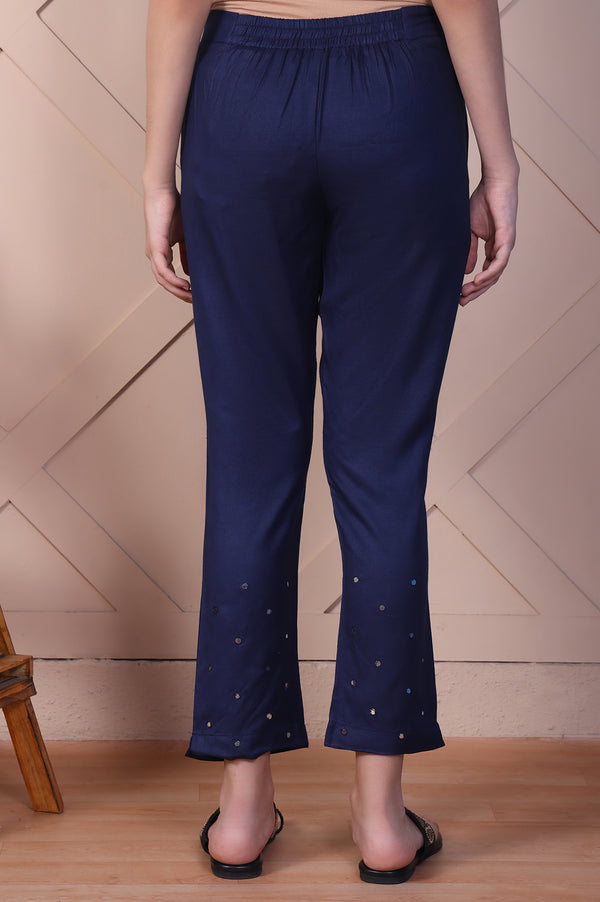 Indigo Blue Mirror Work Tussar Silk Slim Pants