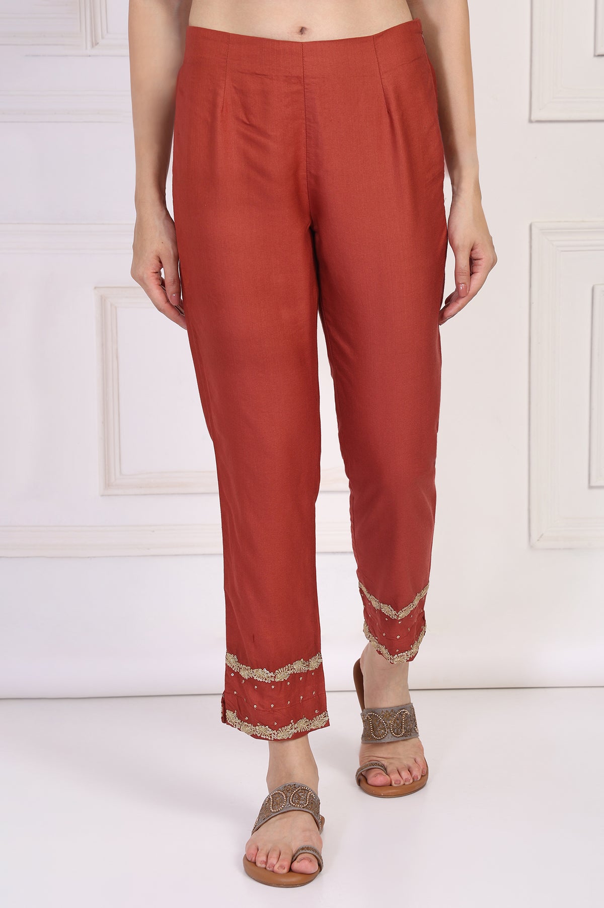 Rust Embroidered Silk Slim Pant - XS