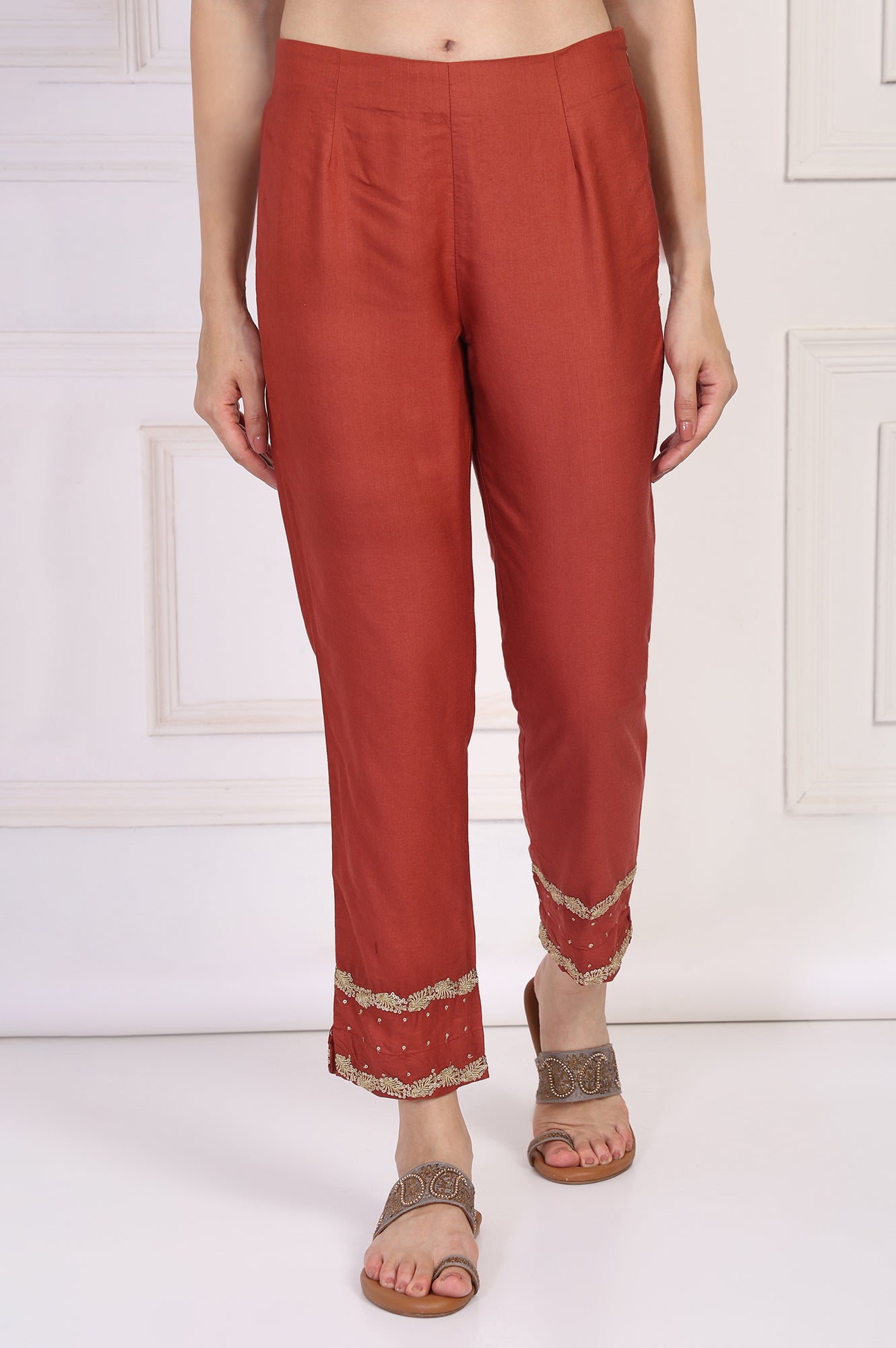 Rust Embroidered Silk Slim Pant