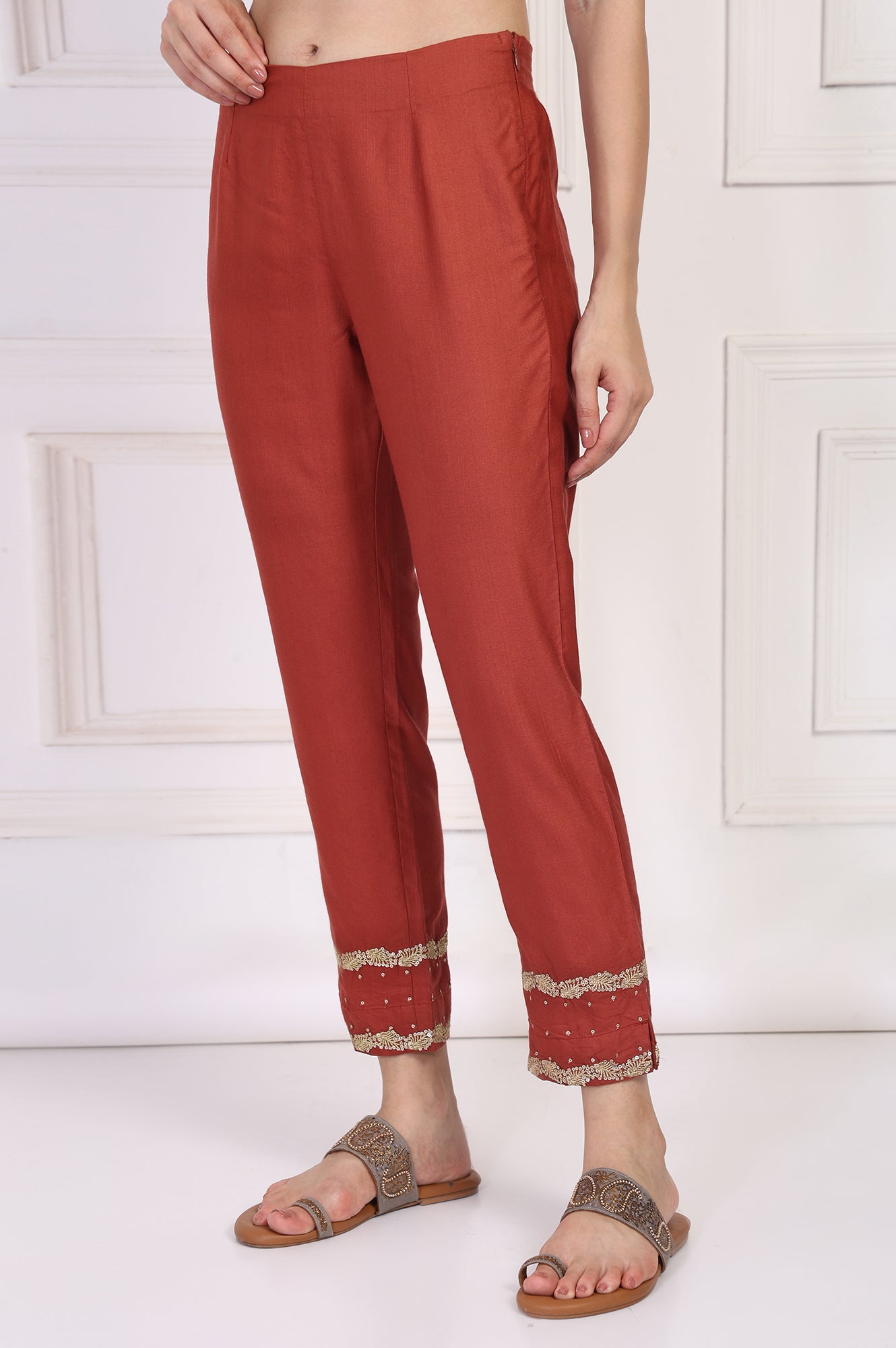 Rust Embroidered Silk Slim Pant