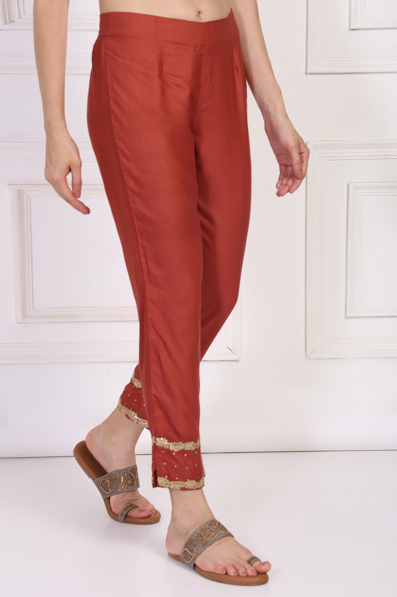 Rust Embroidered Silk Slim Pant