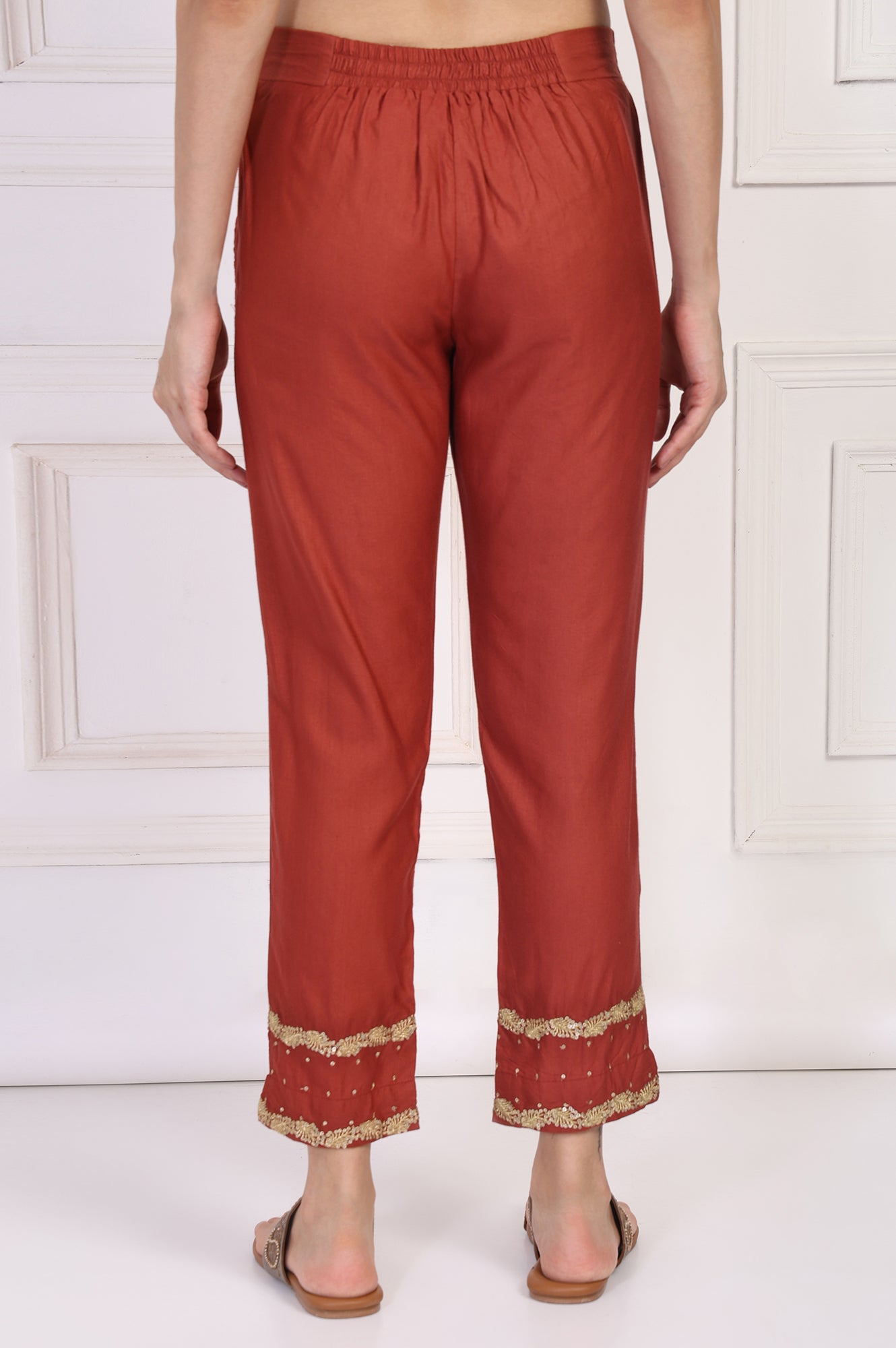 Rust Embroidered Silk Slim Pant