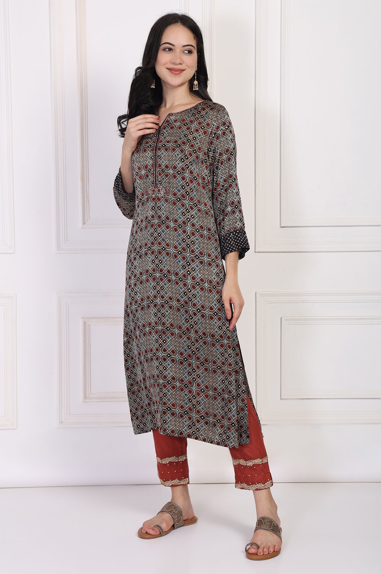 Rust Embroidered Silk Slim Pant