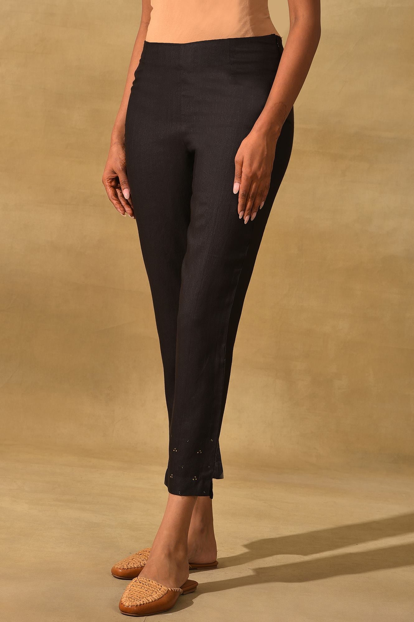 Black Embellished Silk Slim Pant