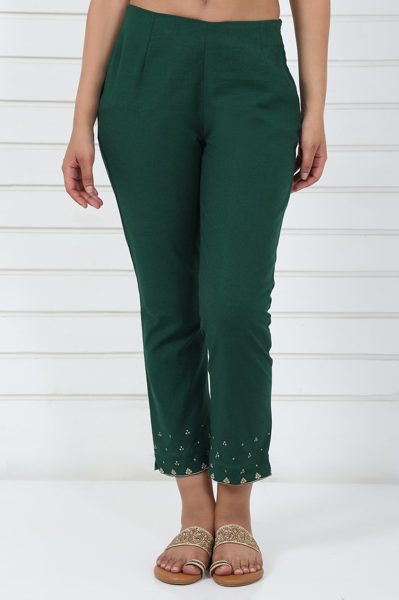 Green Embroidered Printed Mirror Work Cotton Blend Mid Rise Ankle Length Slim Pants