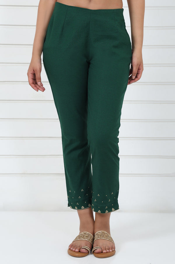 Green Embroidered Printed Mirror Work Cotton Blend Mid Rise Ankle Length Slim Pants
