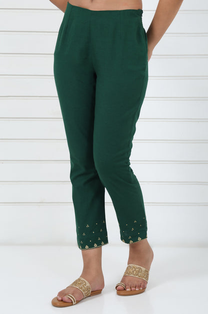 Green Embroidered Printed Mirror Work Cotton Blend Mid Rise Ankle Length Slim Pants