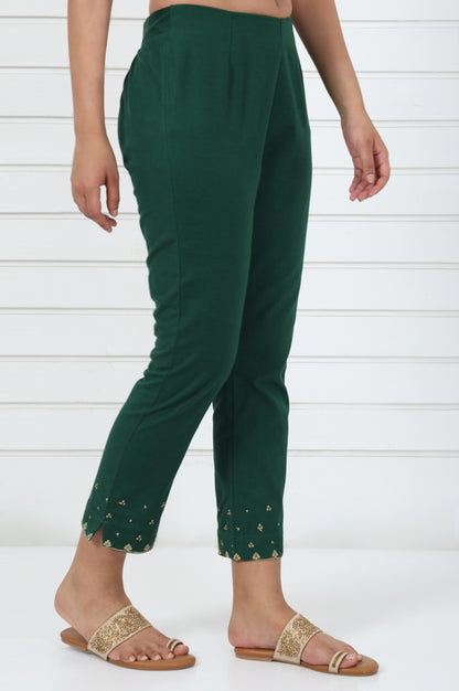 Green Embroidered Printed Mirror Work Cotton Blend Mid Rise Ankle Length Slim Pants