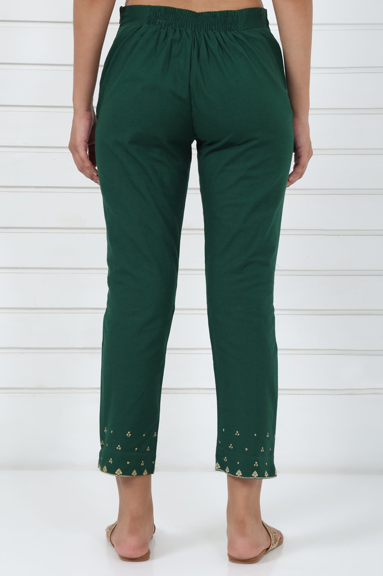 Green Embroidered Printed Mirror Work Cotton Blend Mid Rise Ankle Length Slim Pants