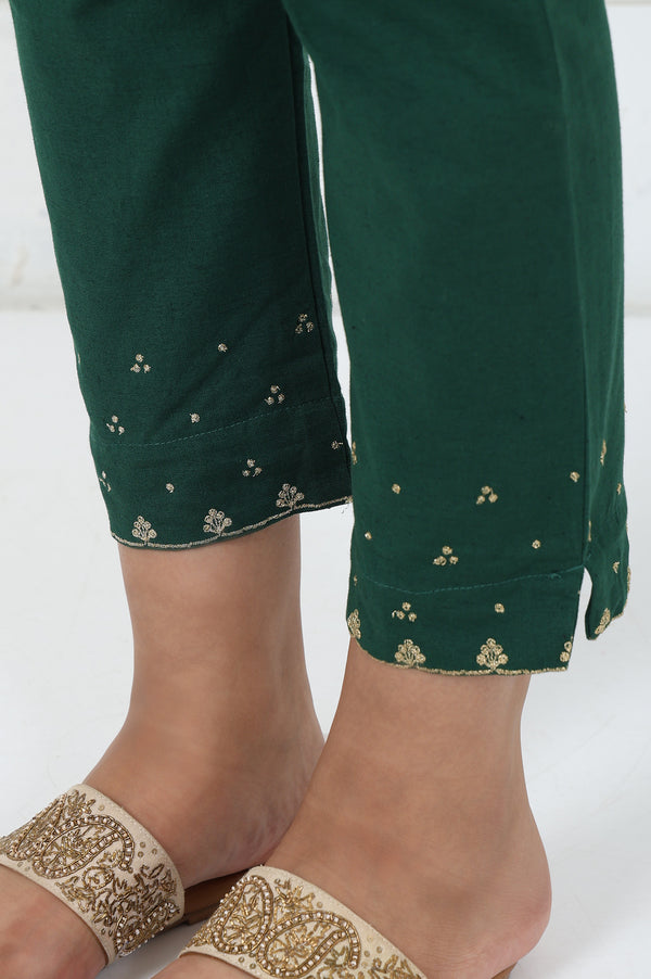 Green Embroidered Printed Mirror Work Cotton Blend Mid Rise Ankle Length Slim Pants