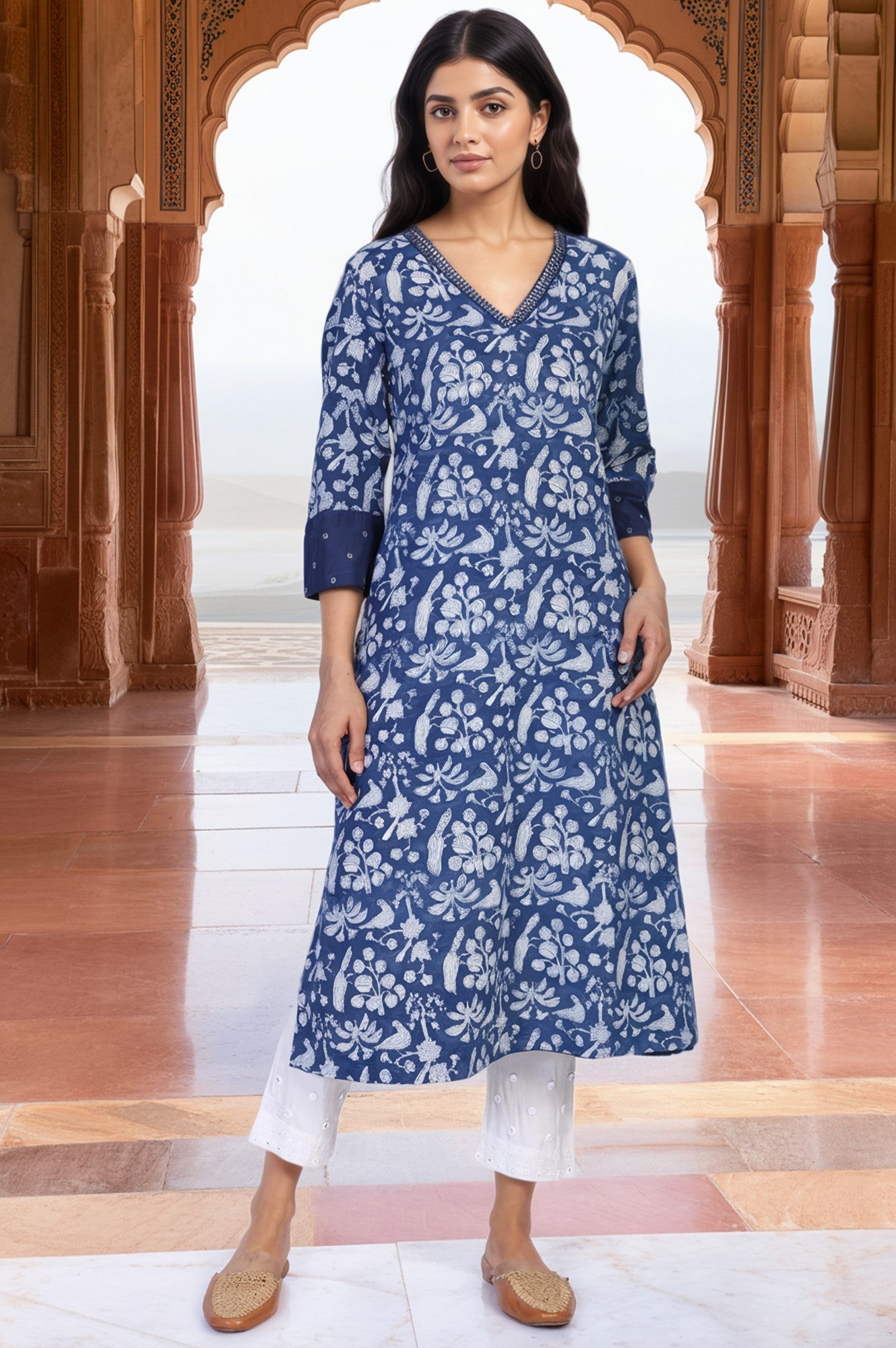 Ecru Embroidered Mirror Work Straight Tussar Silk Slim Pant