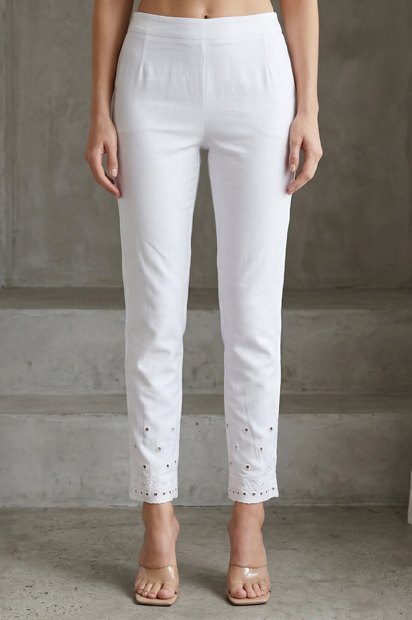 White Schiffily Embroidered Slim Fit Ankle Length Pants
