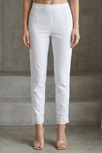 White Schiffily Embroidered Slim Fit Ankle Length Pants