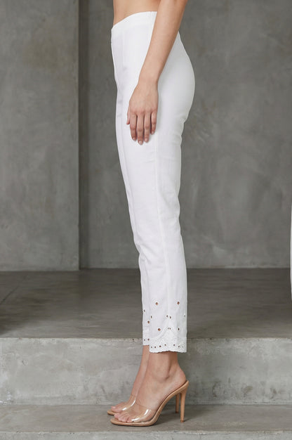 White Schiffily Embroidered Slim Fit Ankle Length Pants