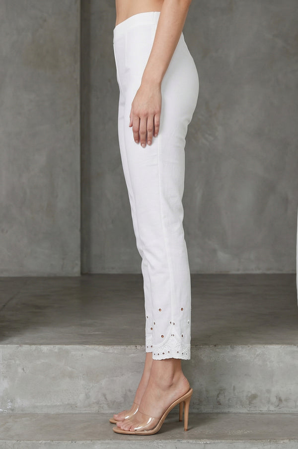 White Schiffily Embroidered Slim Fit Ankle Length Pants