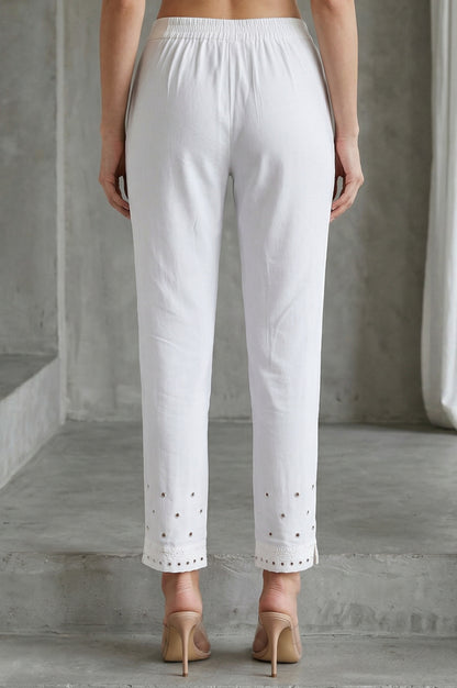 White Schiffily Embroidered Slim Fit Ankle Length Pants