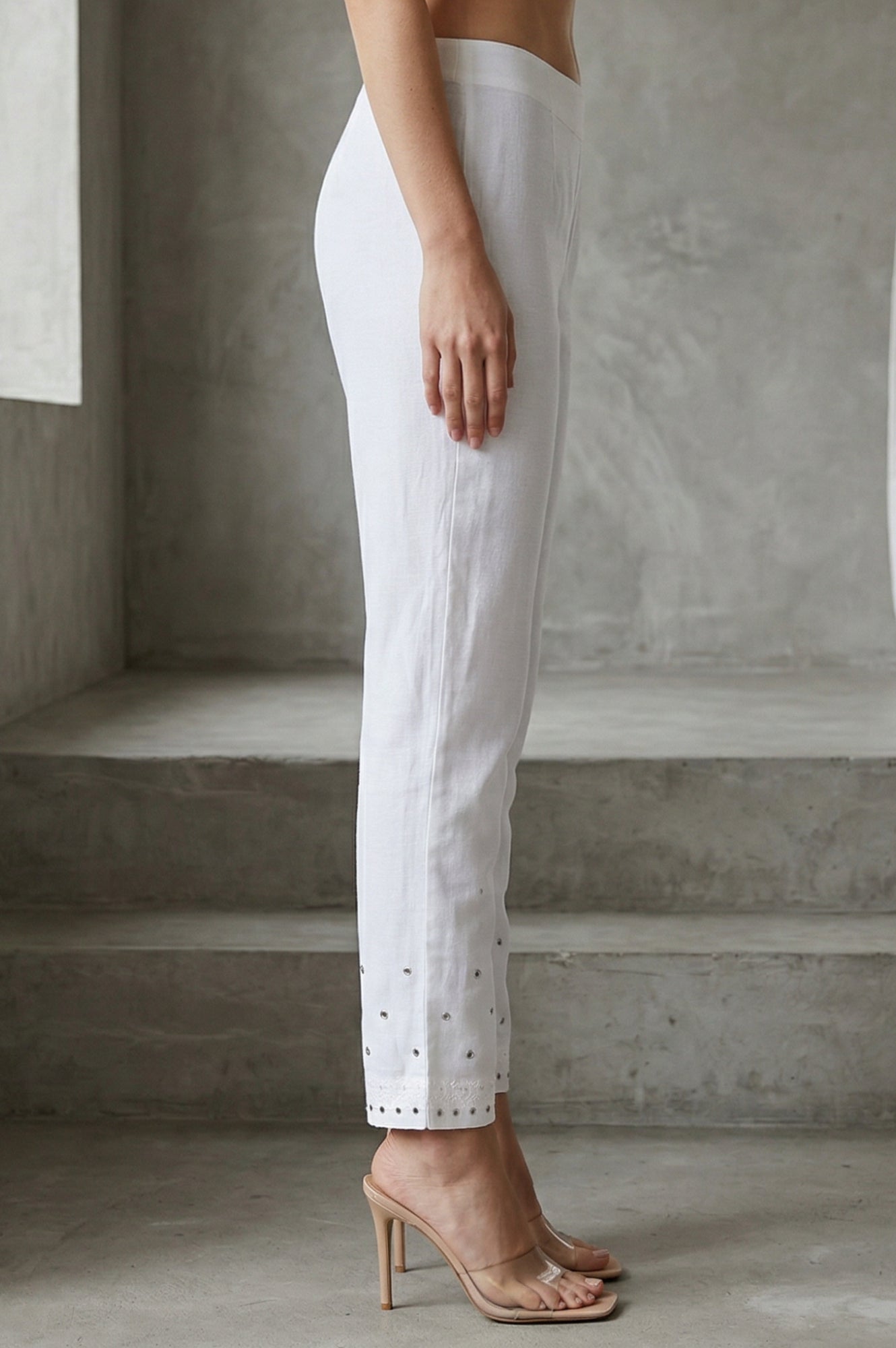 White Schiffily Embroidered Slim Fit Ankle Length Pants