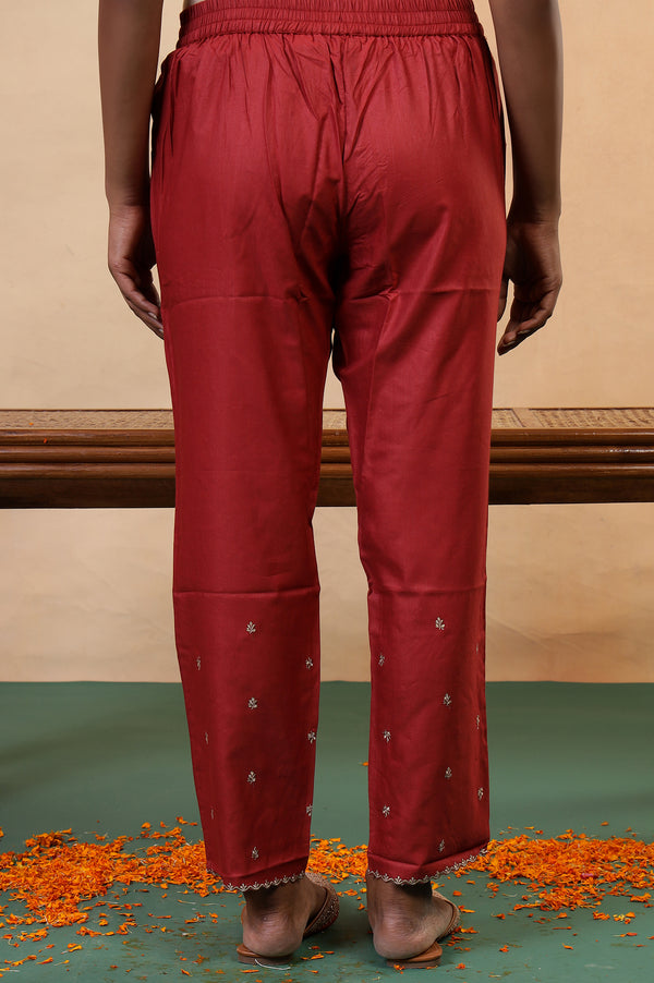 Red Embroidered Zari Work Straight Tussar Silk Pant