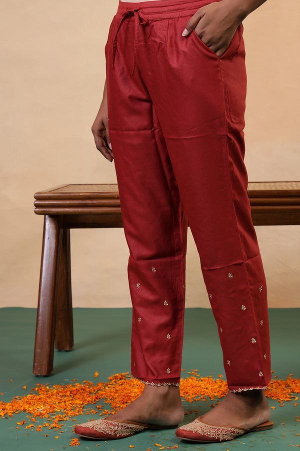 Red Embroidered Zari Work Straight Tussar Silk Pant