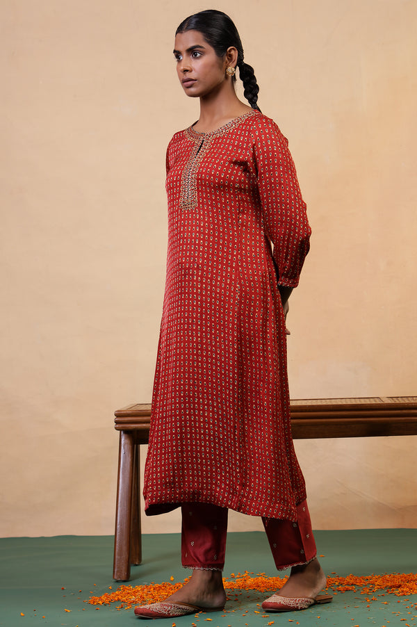 Red Embroidered Zari Work Straight Tussar Silk Pant