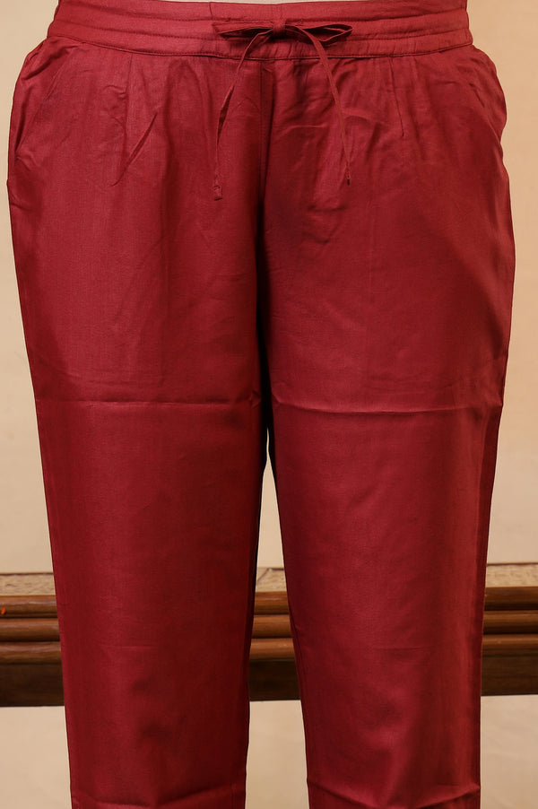 Red Embroidered Zari Work Straight Tussar Silk Pant
