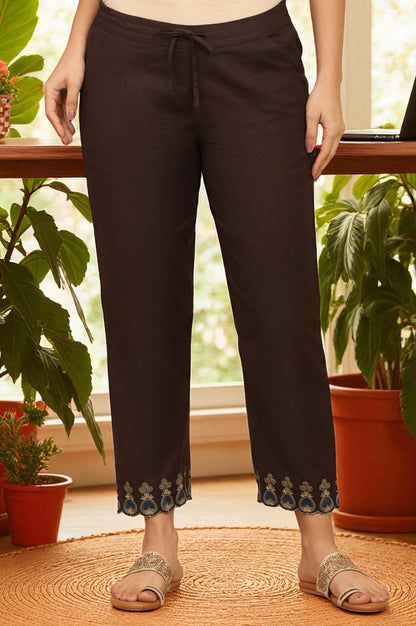 Dark Brown Embroidered Straight Pants with Scallops