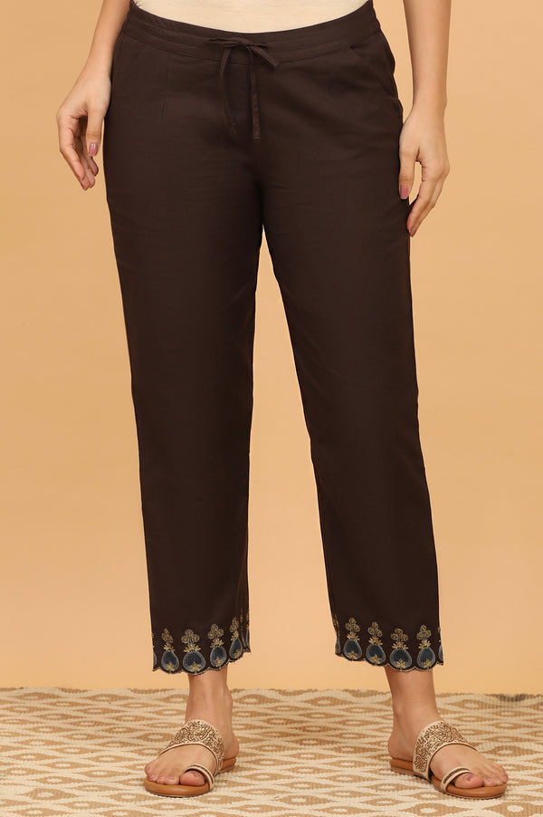 Dark Brown Embroidered Straight Pants with Scallops