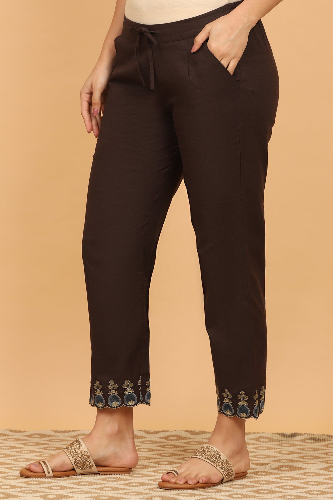 Dark Brown Embroidered Straight Pants with Scallops