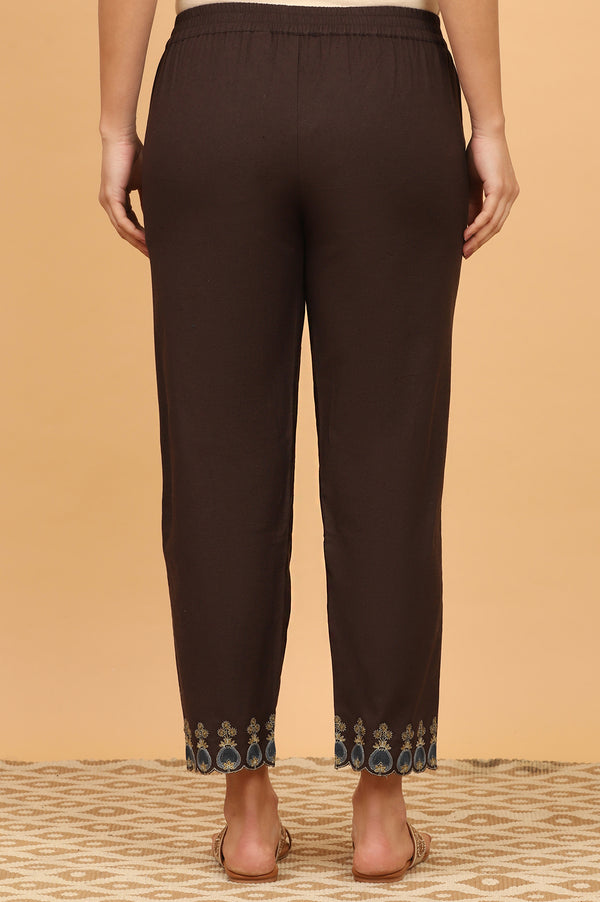 Dark Brown Embroidered Straight Pants with Scallops